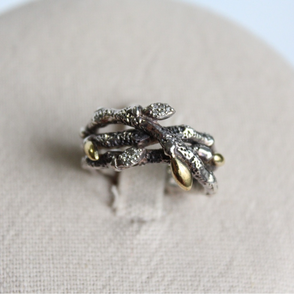 Stephen Dweck Diamonds Sterling Silver & Gold Triple Branch Ring Size 8 - Picture 2 of 11